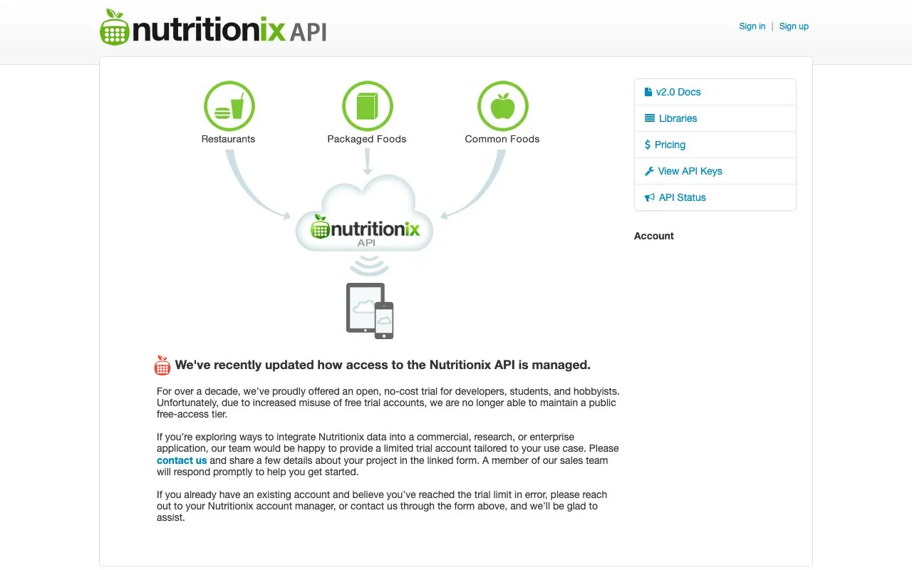 Aperçu Nutritionix API